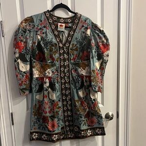 FARM Rio Floral Puff Sleeve Mini Dress - Teal and Red